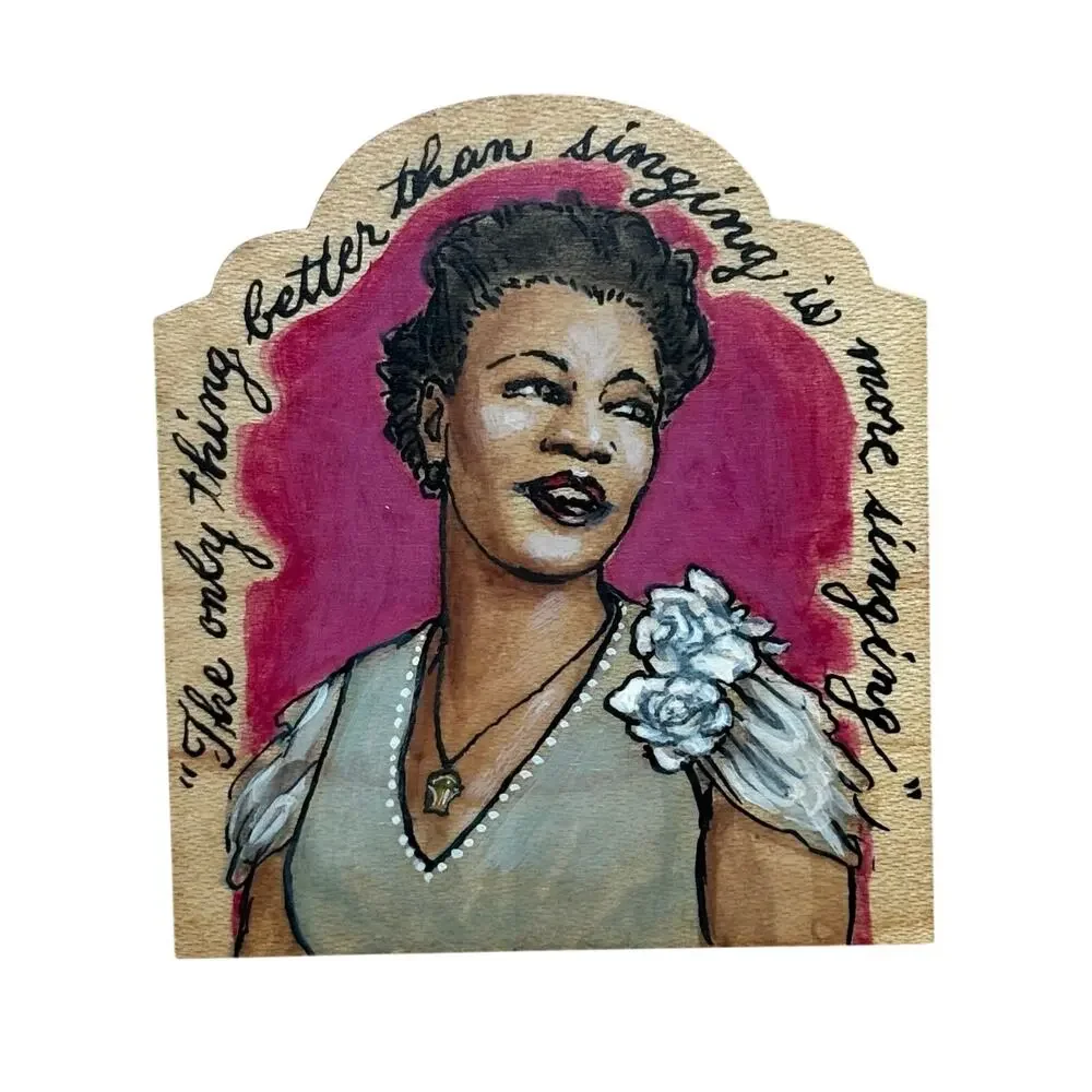 Handmade Ella Fitzgerald artisan brooch hand painted on wood musical icon singer